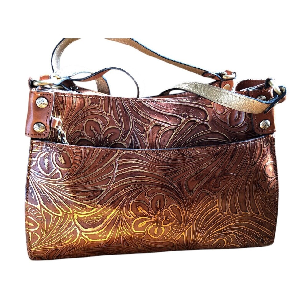 Patricia Nash Romina Leather Tobacco Fields Tooled Tan/Gold Tote Bag